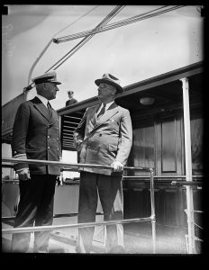 Admiral Foote Sellers, and President Franklin Delano Roosevelt, aboard the presidential yacht USS SEQUOIA (1935). Commissioned in 1929, USS SEQUOIA served presidents Herbert Hoover and FDR. Decommissioned as a presidential yacht in 1936, SEQUOIA continued service as the U.S. Secretary of the Navy’s vessels, hosting meetings for Presidents Roosevelt, Truman, Eisenhower, Kennedy, and Johnson. Recommissioned as a presidential yacht in 1969, USS SEQUOIA served Presidents Nixon and Ford. In 1977, the Carter administration decommissioned the USS SEQUOIA.